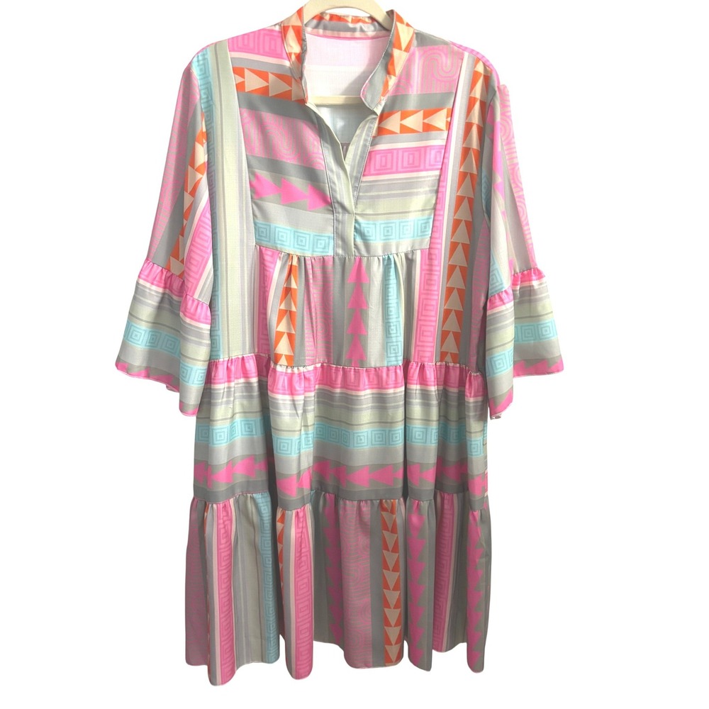 Bohemian Oversized Tiered Babydoll Dress Womens Multi Geometric Print Boho XL